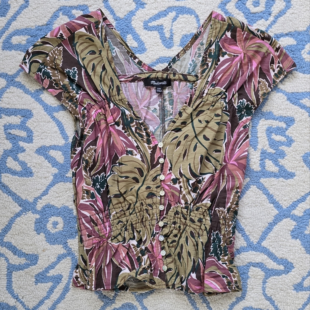 Madewell Pink and Green Leaf Print Top